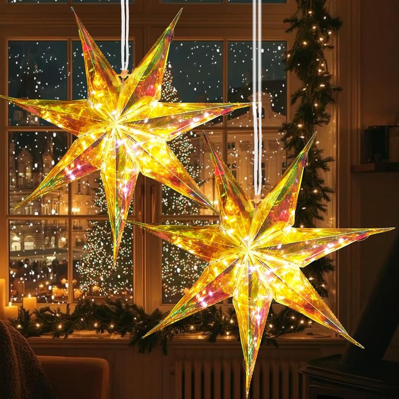 paper jazz Iridescent Christmas Decorations Star Hanging,Christmas Tree Decoration with Star String Light, Iridescent Xmas Ornaments with LED for Indoor Outdoor,Wall,Window. - Image 1